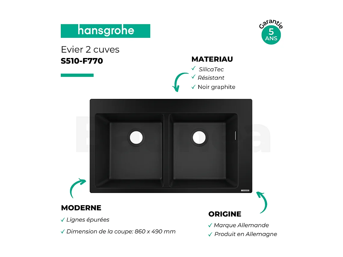 Evier à encastrer 2 bacs HANSGROHE S51 avec vidage auto noir graphite