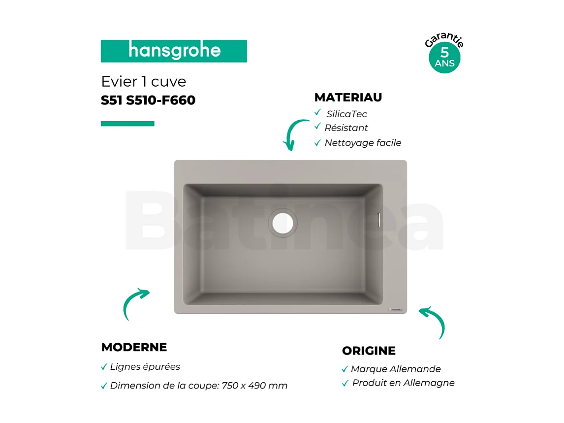 Evier à encastrer 1 bac HANSGROHE S51 660 avec vidage manuel gris béton