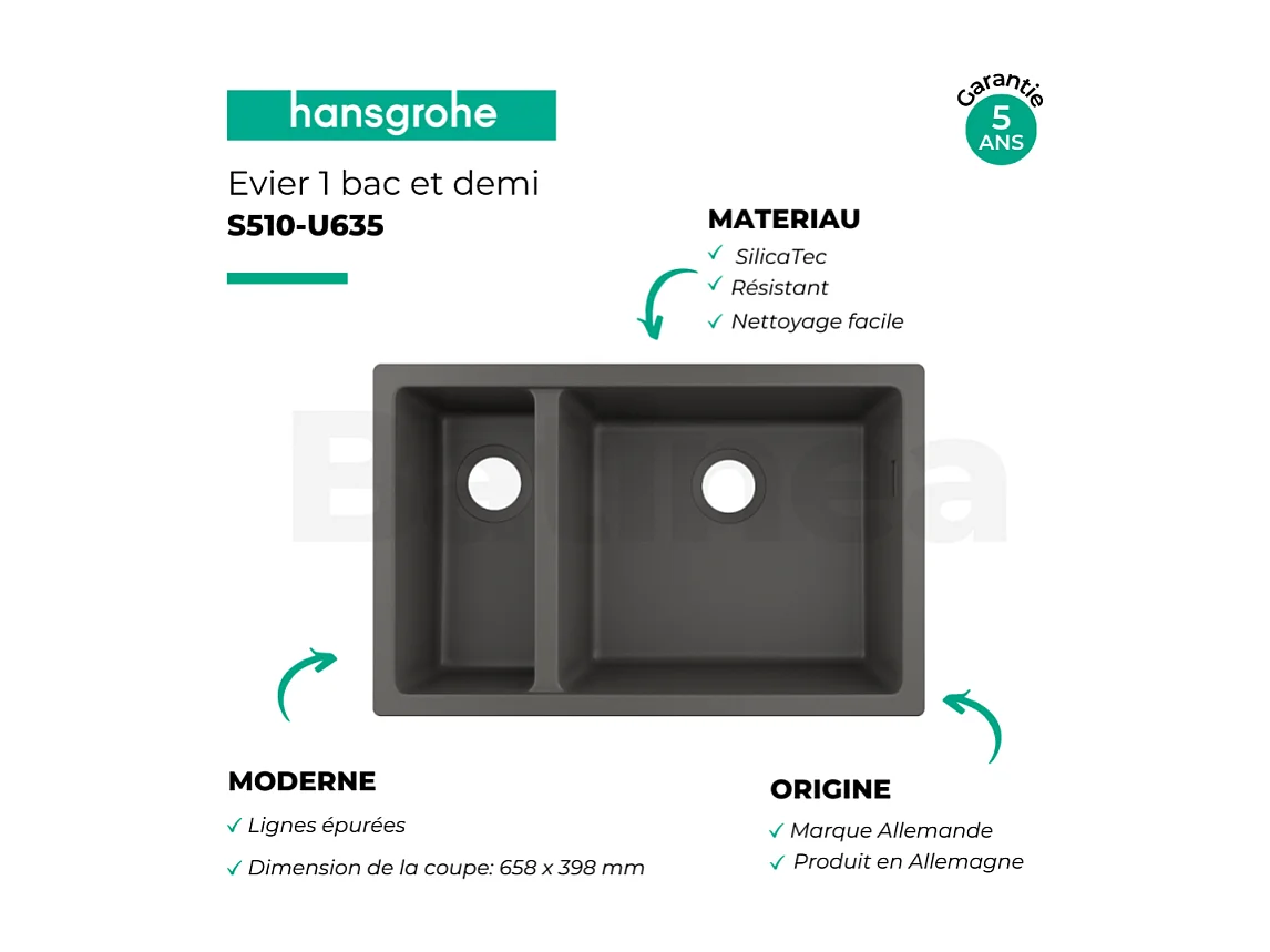 Evier à encastrer sous plan 1 bac et demi HANSGROHE S51 avec vidage manuel gris pierre