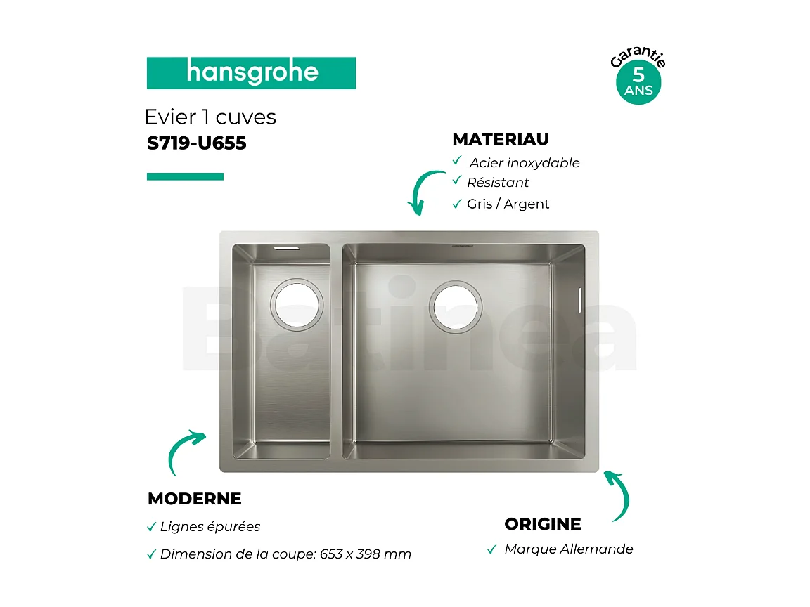 Evier à encastrer sous plan 1 bac et demi HANSGROHE S71 avec vidage manuel inox