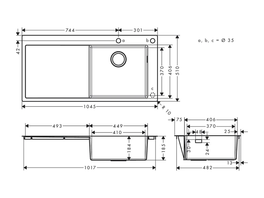 Evier à encastrer 1 bac pré-percé HANSGROHE S71 450 avec égouttoir à gauche avec vidage auto inox