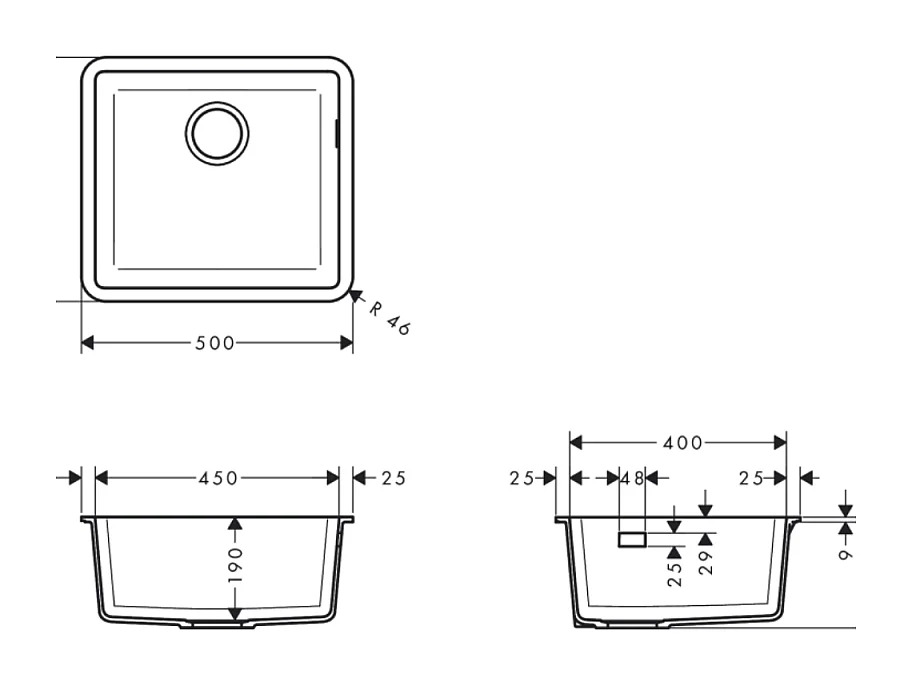 Evier à encastrer sous plan 1 bac HANSGROHE S51 450 sans vidage noir graphite