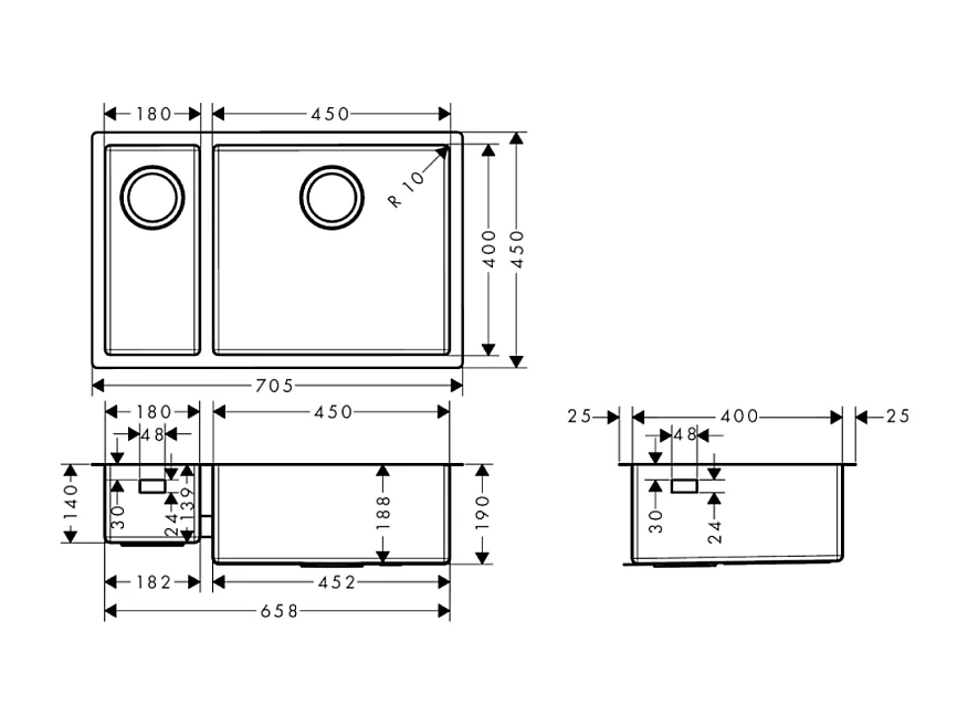 Evier à encastrer sous plan 1 bac et demi HANSGROHE S71 avec vidage auto inox