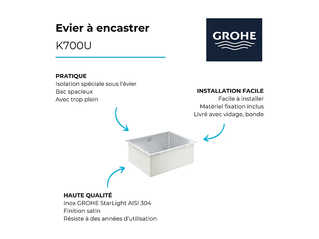 Evier à encastrer 1 bac GROHE K700U acier inoxydable Quickfix
