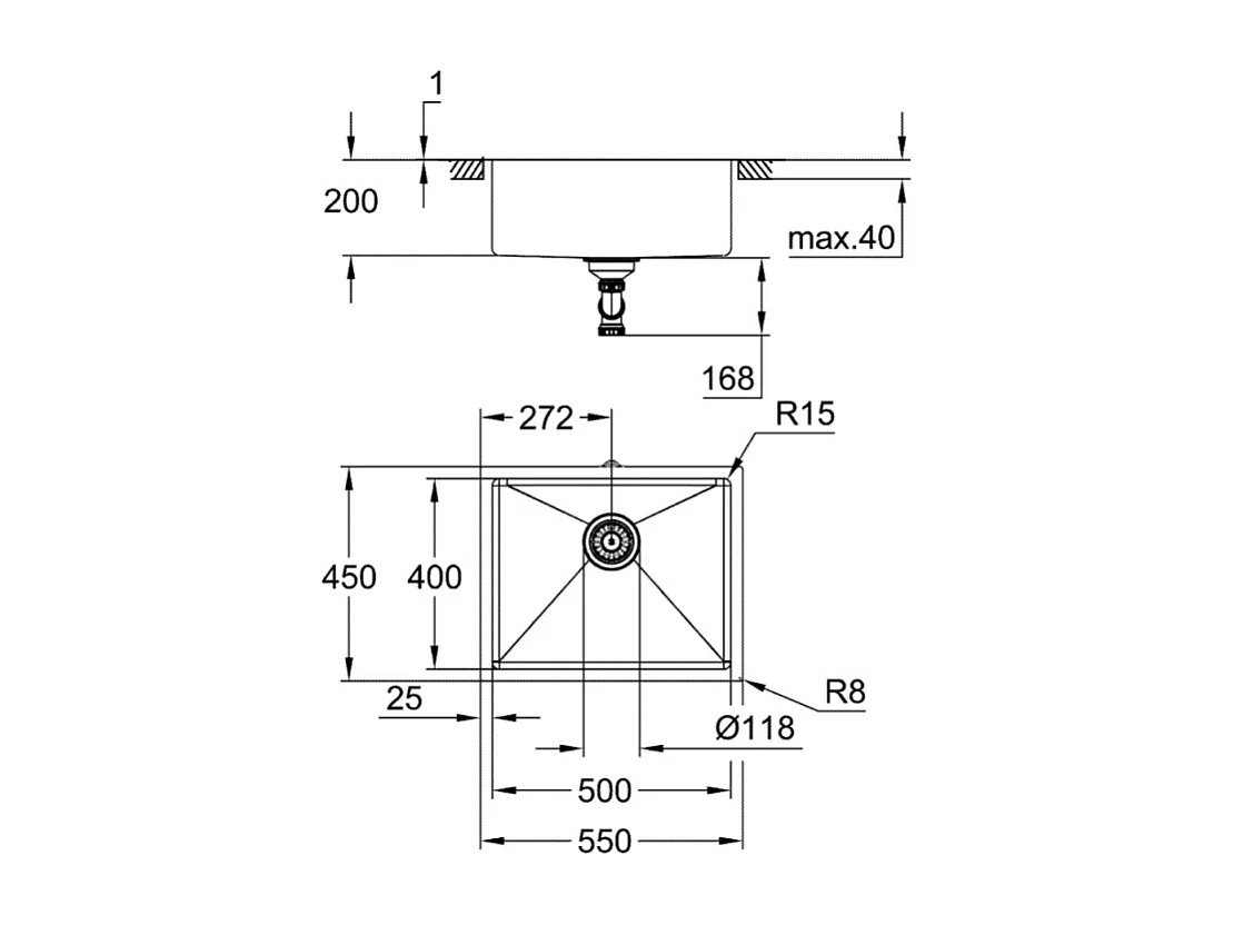 Evier à encastrer 1 bac GROHE K700U acier inoxydable Quickfix