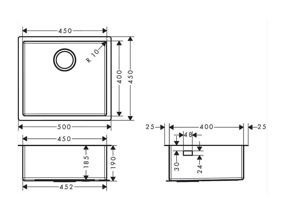 Evier à encastrer sous plan 1 bac HANSGROHE S71 450 avec vidage manuel inox