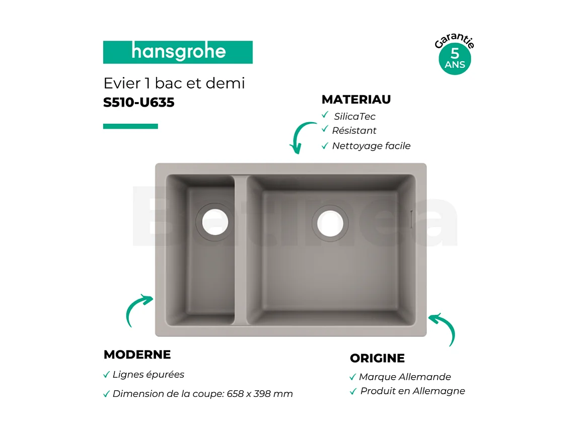 Evier à encastrer sous plan 1 bac et demi HANSGROHE S51 sans vidage gris béton