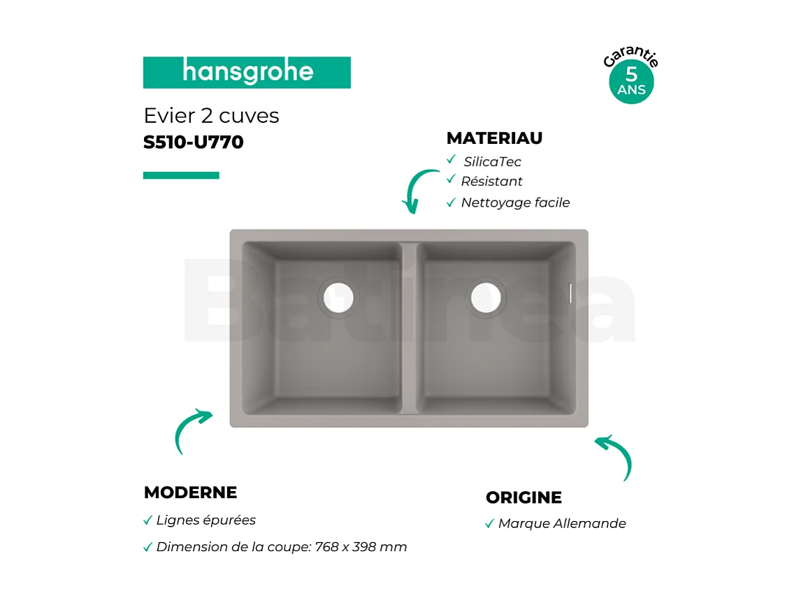 Evier à encastrer sous plan 2 bacs HANSGROHE S51 avec vidage auto gris béton