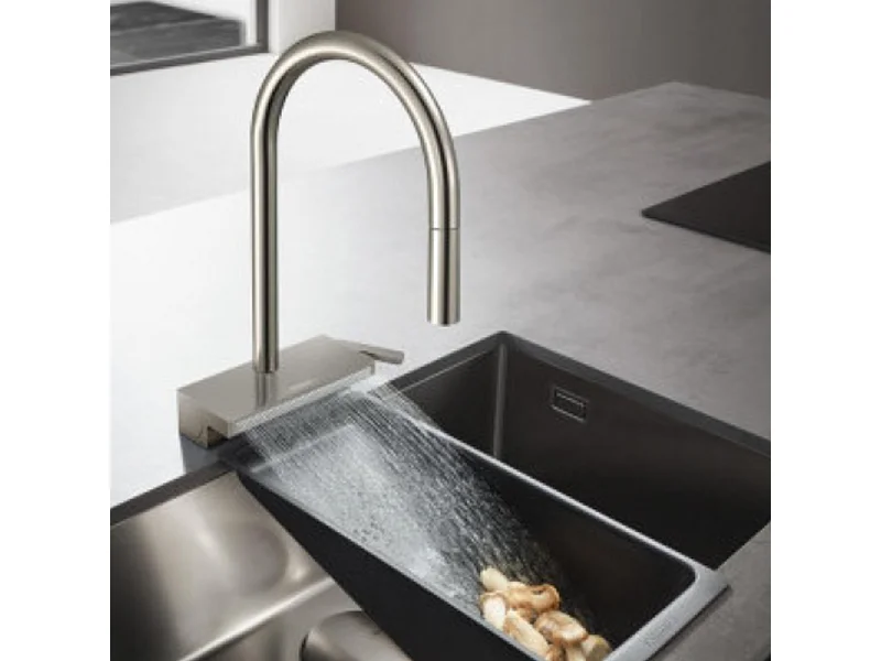 Evier à encastrer sous plan 1 bac HANSGROHE S719-U660 inox vidage auto + robinet Aquno Select M81 170 sBox aspect acier inox