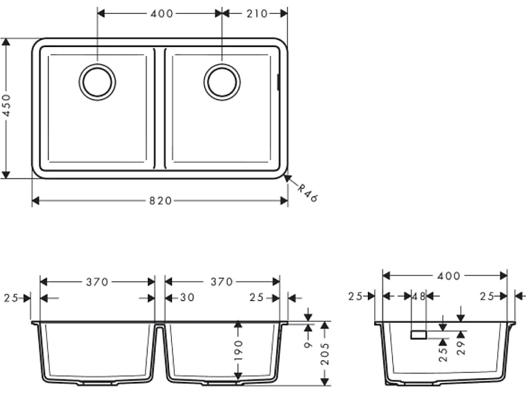 Evier à encastrer sous plan 2 bacs HANSGROHE S51 sans vidage gris béton
