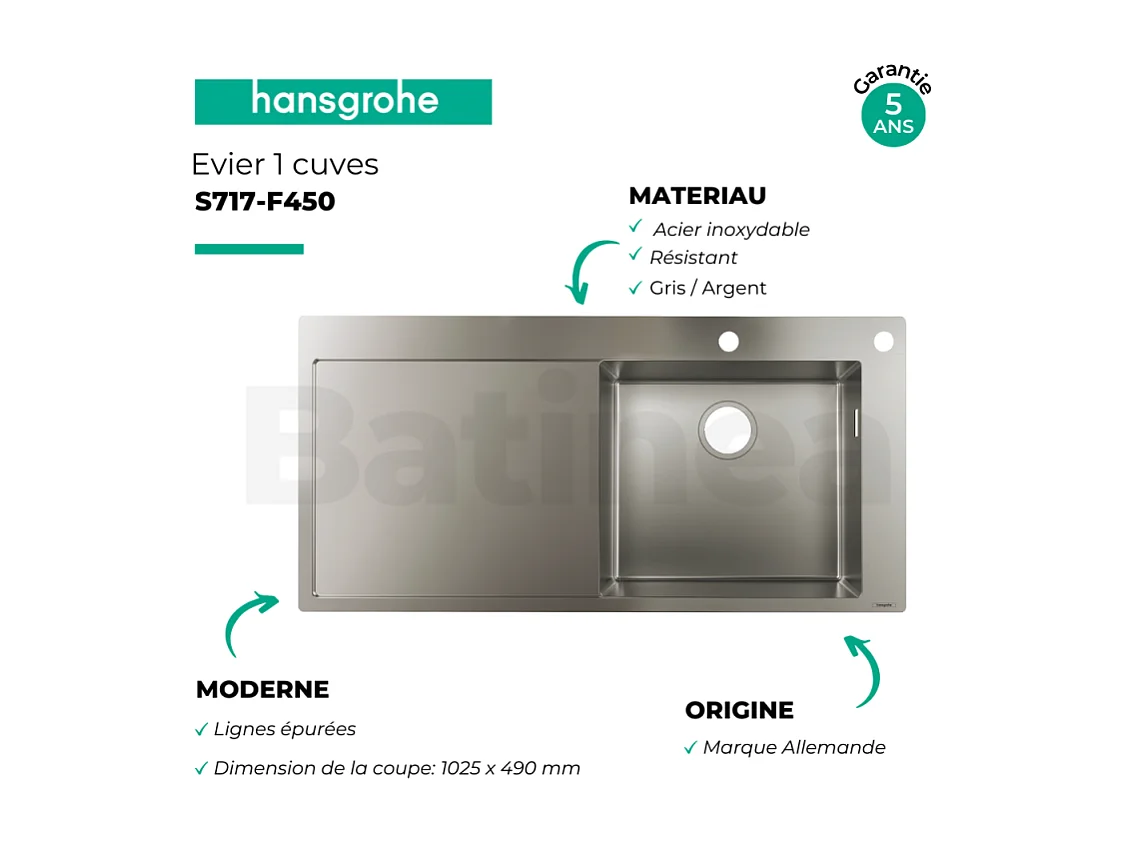 Evier à encastrer 1 bac pré-percé HANSGROHE S71 450 avec égouttoir à gauche sans vidage inox