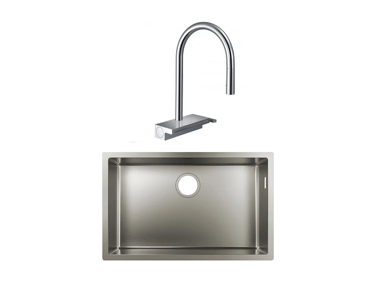 Evier à encastrer sous plan 1 bac HANSGROHE S719-U660 inox avec vidage auto + robinet cuisine Aquno Select M81 170 chromé