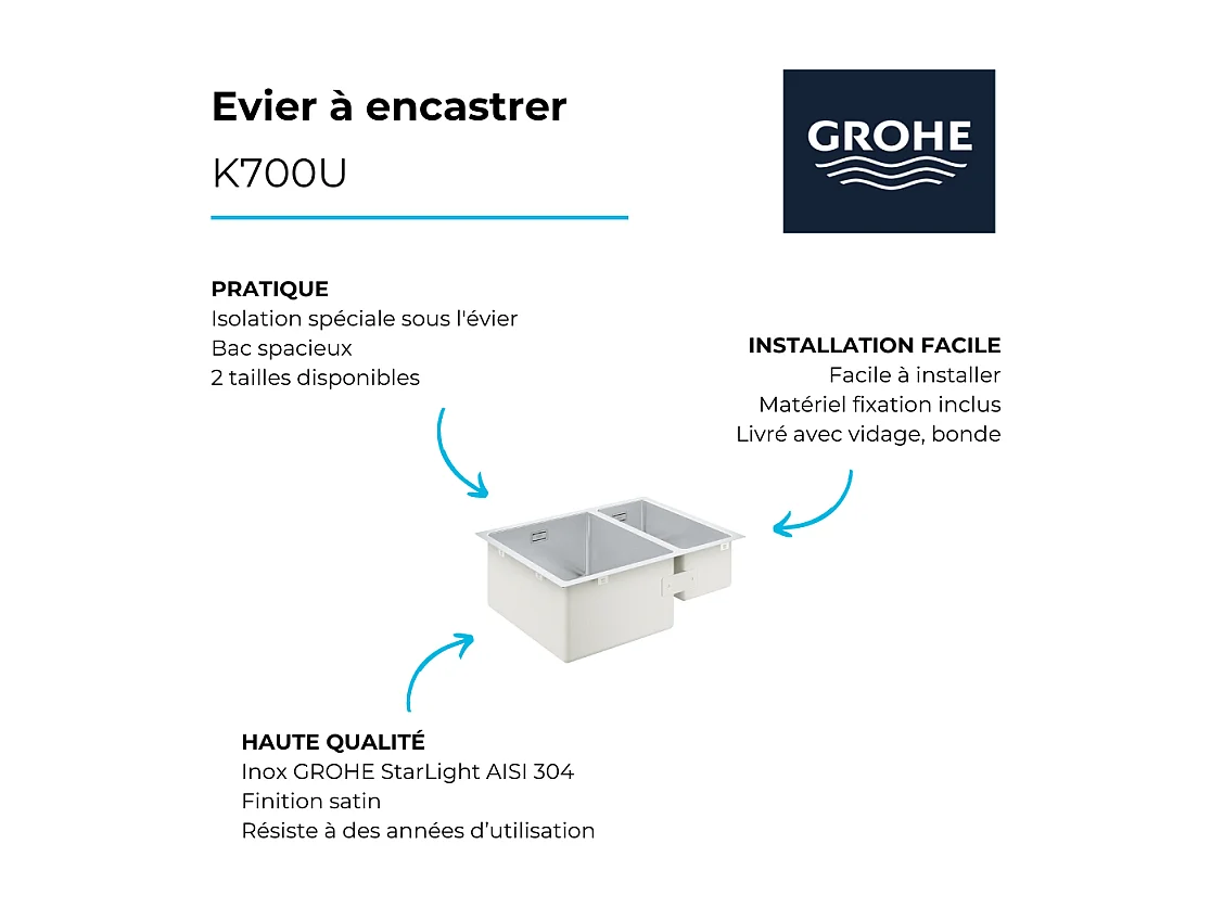 Evier à encastrer 1 bac et demi GROHE K700U acier inoxydable 59,5 x 45 cm