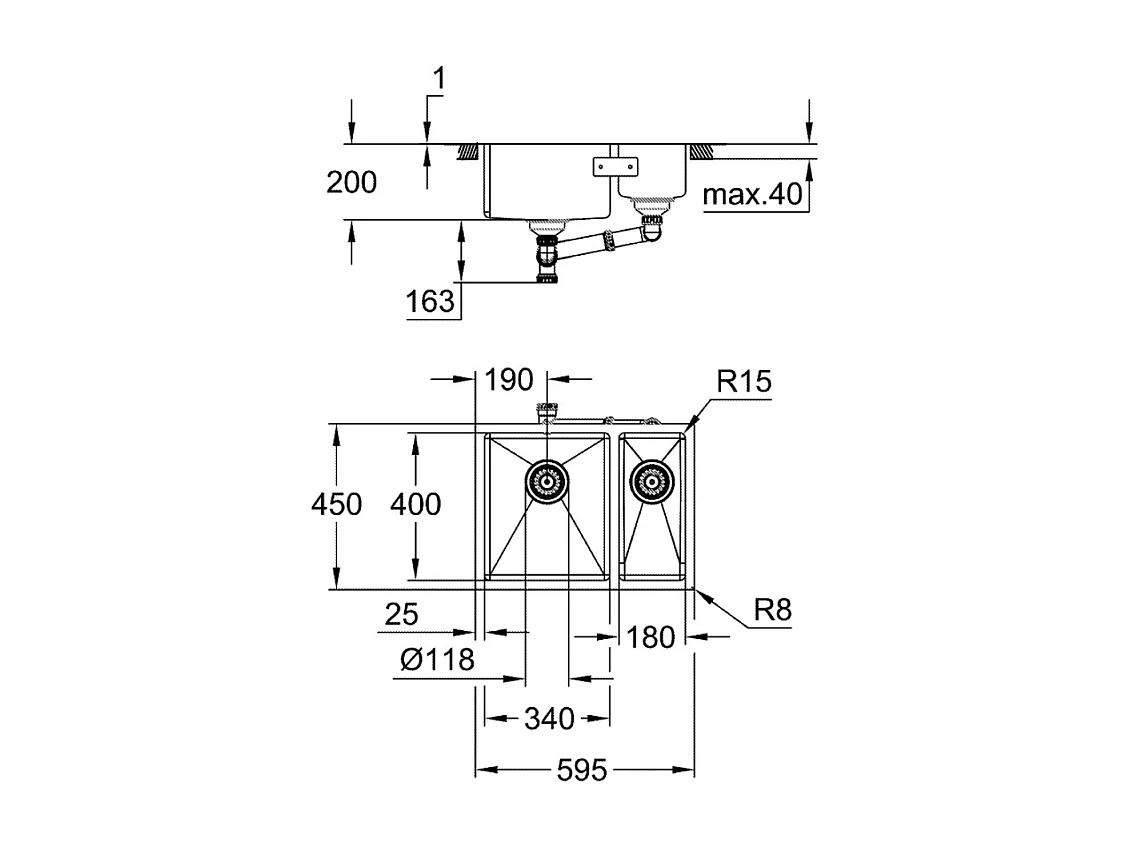 Evier à encastrer 1 bac et demi GROHE K700U acier inoxydable 59,5 x 45 cm