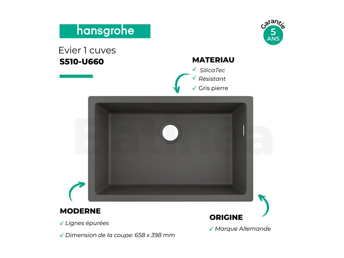 Evier à encastrer sous plan 1 bac HANSGROHE S51 660 avec vidage auto gris pierre