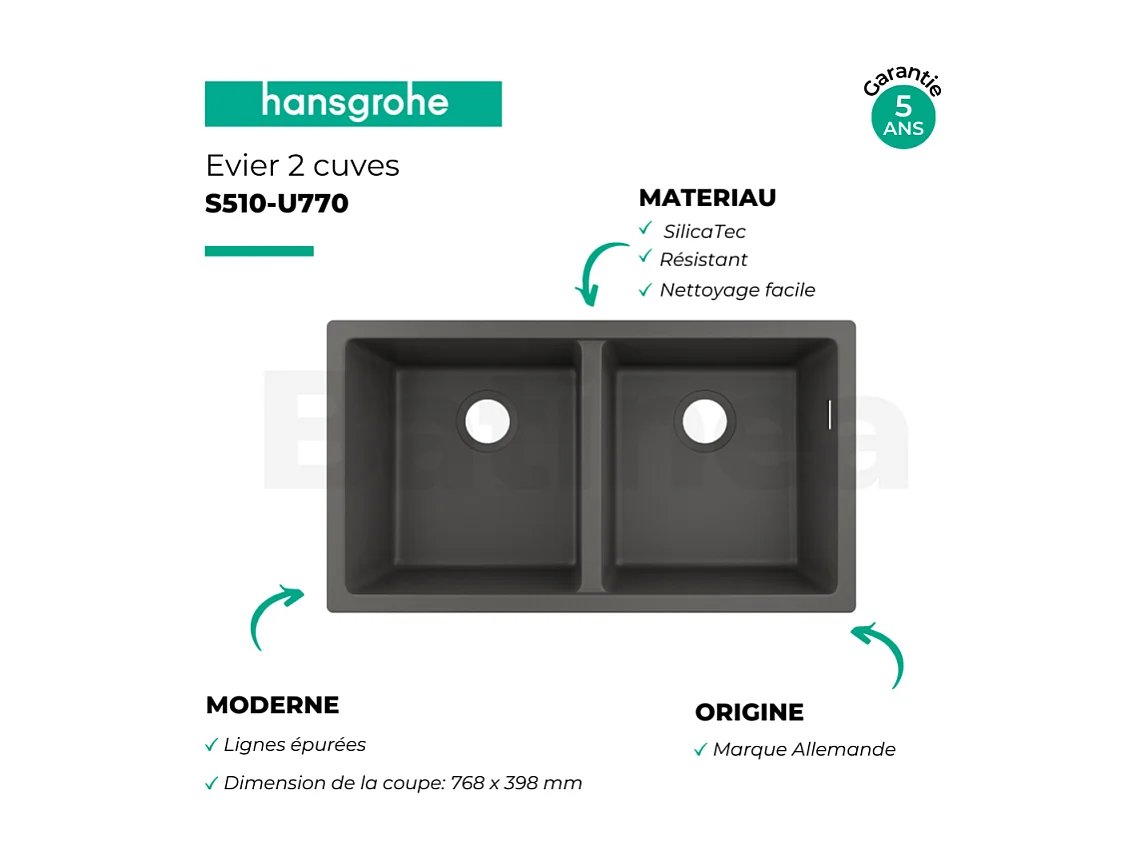 Evier à encastrer sous plan 2 bacs HANSGROHE S51 avec vidage auto gris pierre
