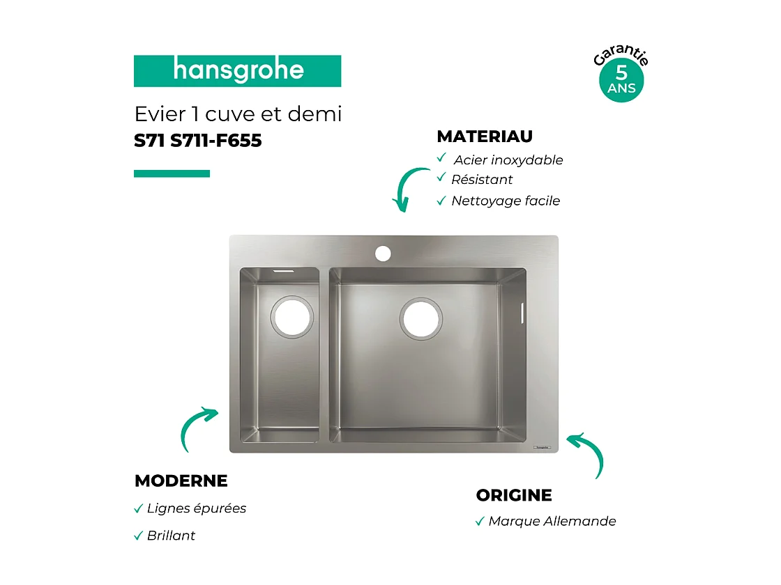 Evier à encastrer 1 bac et demi HANSGROHE S71 450 avec vidage manuel inox
