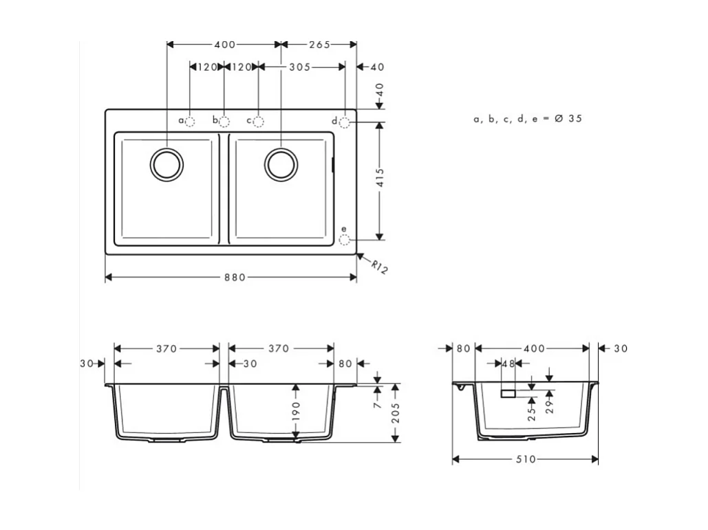 Evier à encastrer 2 bacs HANSGROHE S51 avec vidage manuel noir graphite