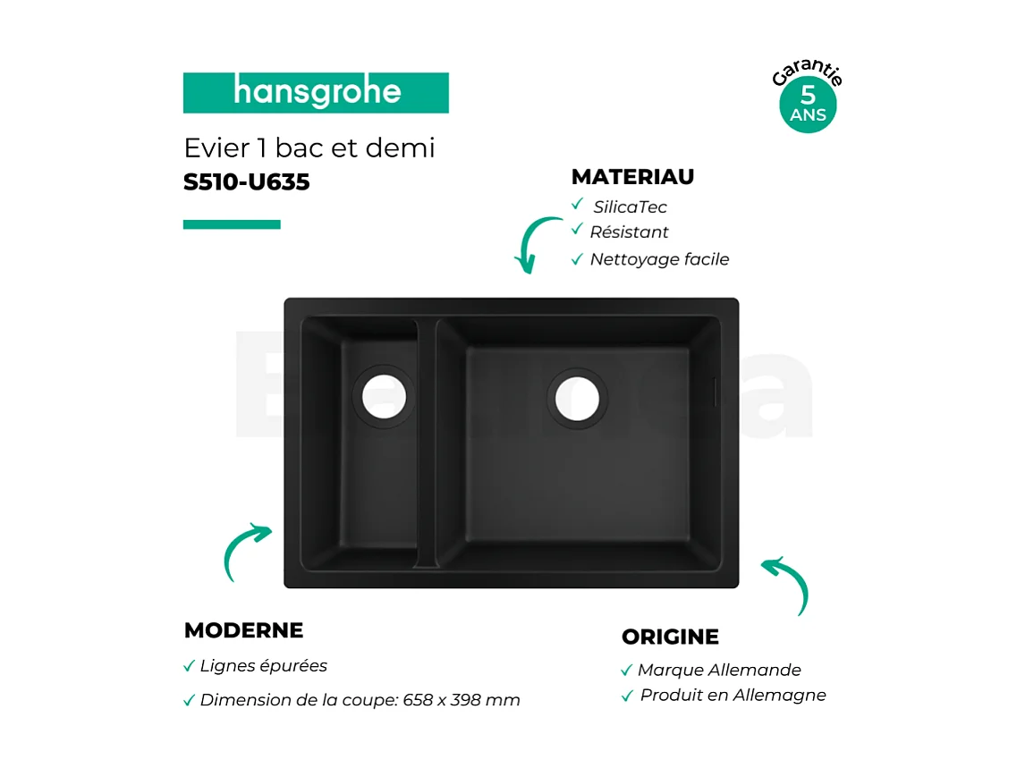 Evier à encastrer sous plan 1 bac et demi HANSGROHE S51 avec vidage manuel noir graphite