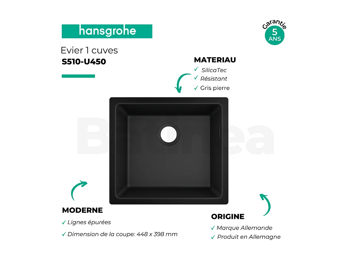 Evier à encastrer sous plan 1 bac HANSGROHE S51 450 avec vidage manuel noir graphite
