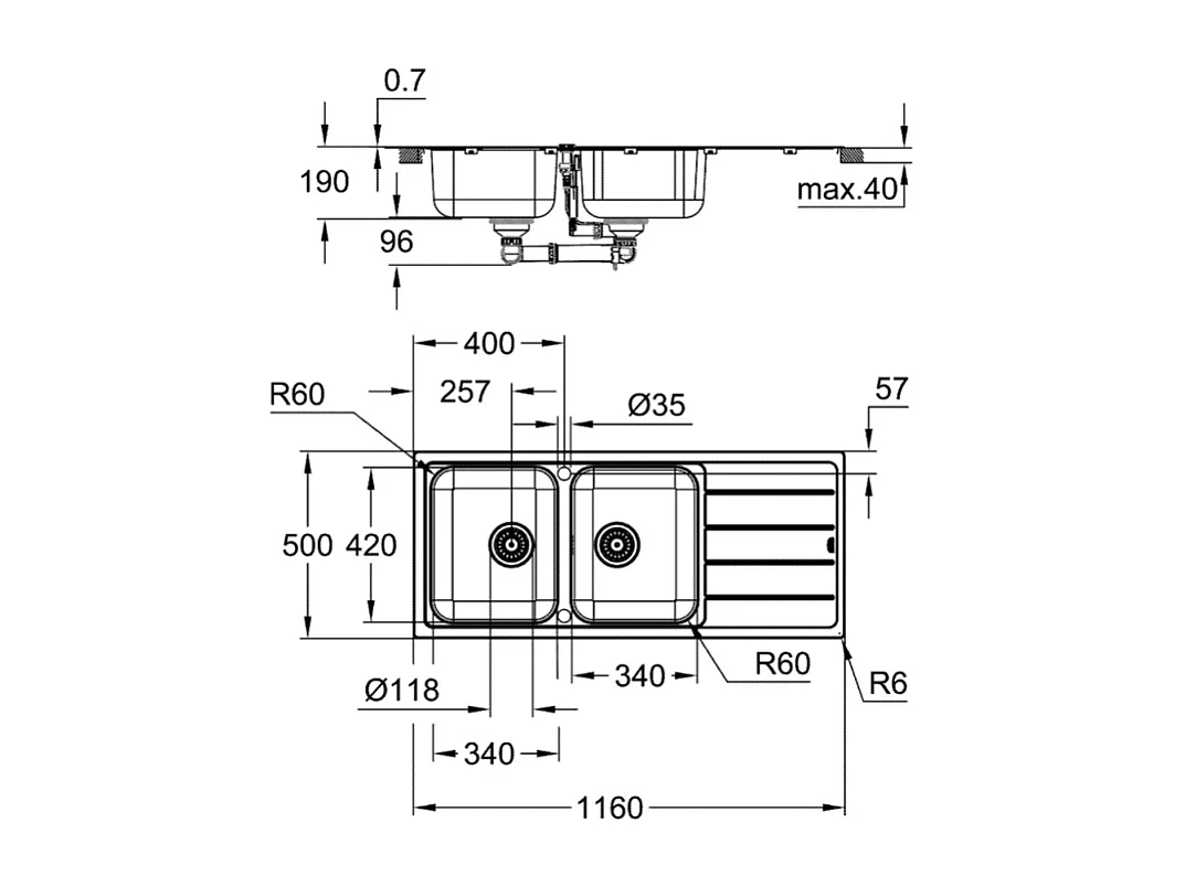 Evier à encastrer 2 bacs GROHE K500 quickfix réversible avec vidage auto