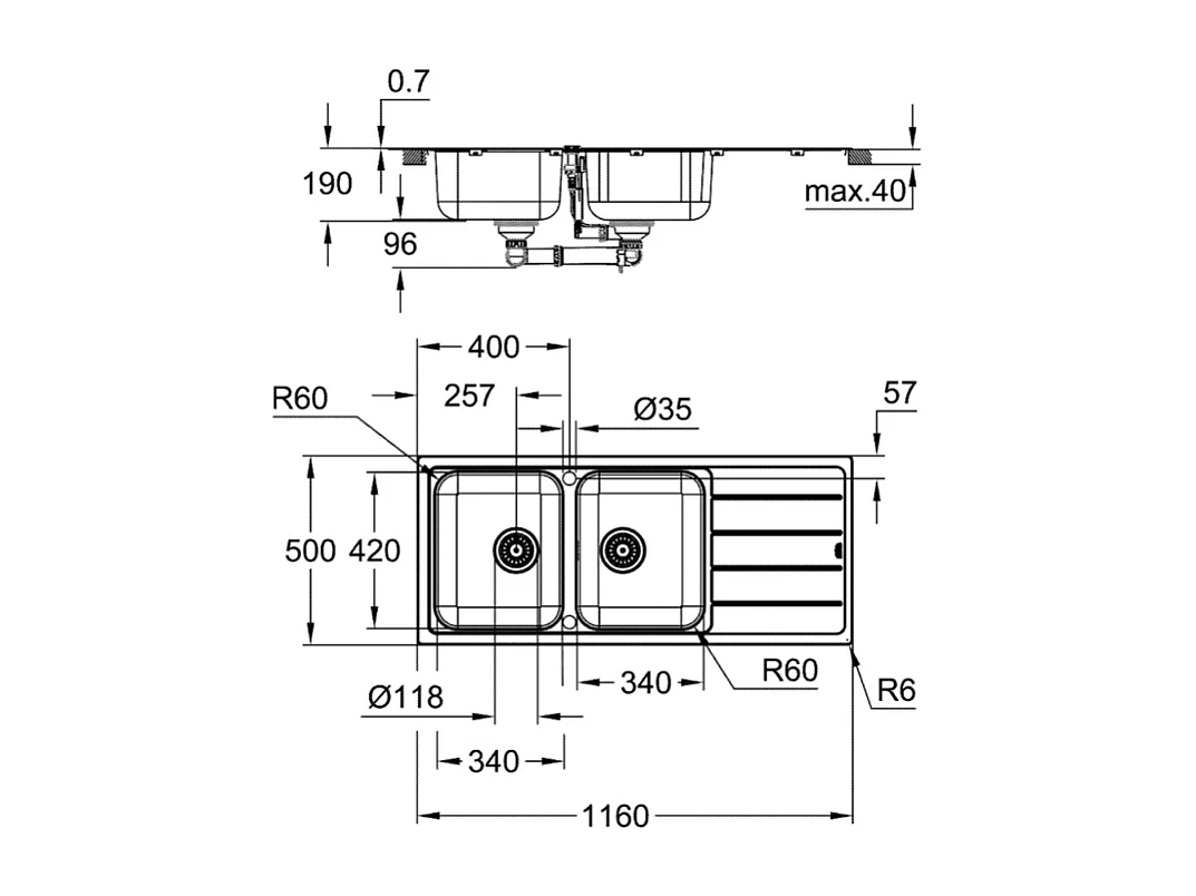 Evier à encastrer 2 bacs GROHE K500 quickfix réversible avec vidage auto