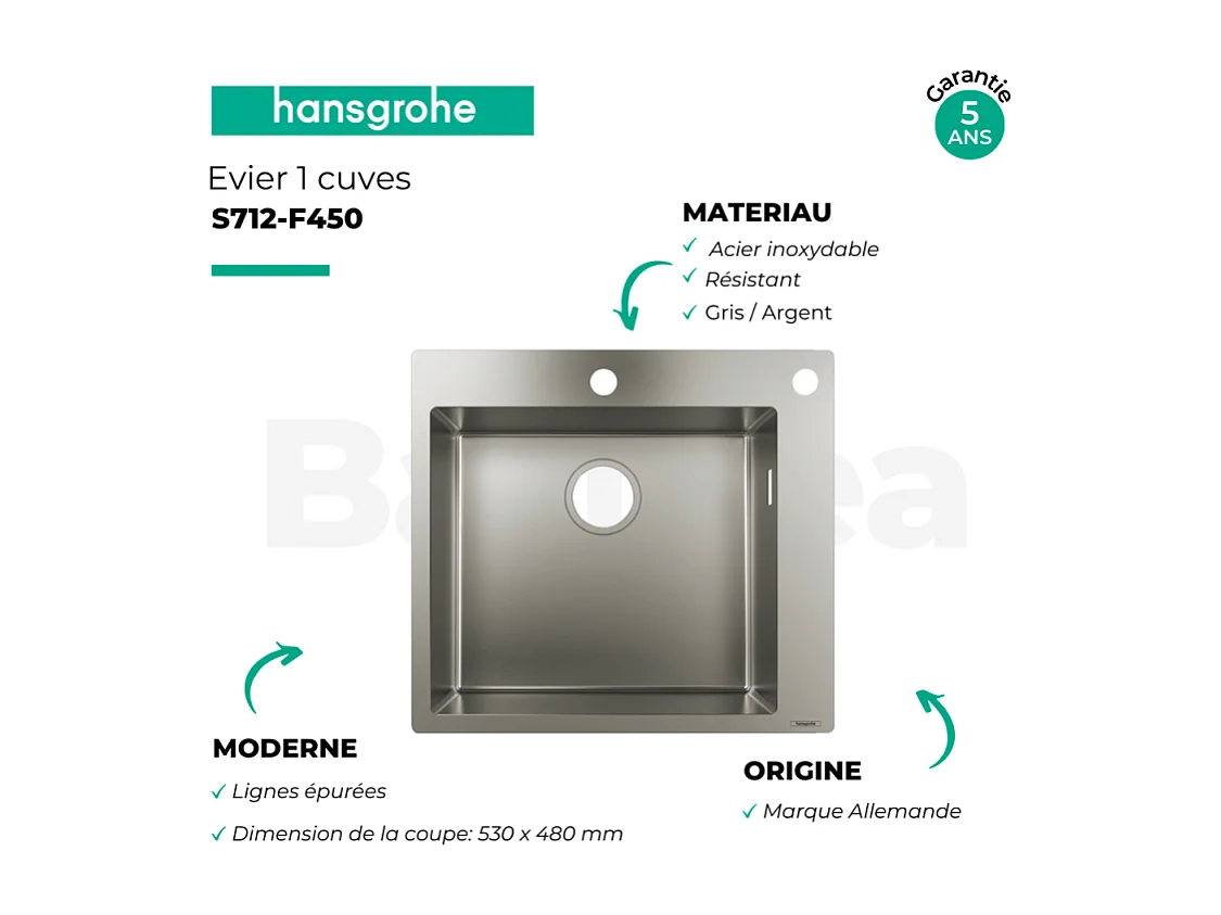 Evier à encastrer 1 bac HANSGROHE S71 450 avec vidage auto inox