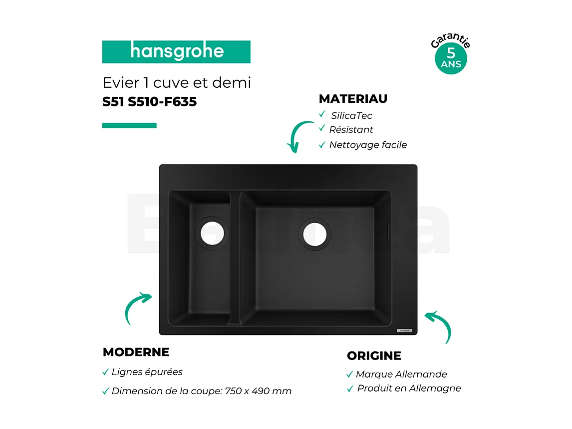 Evier à encastrer 1 bac et demi HANSGROHE S51 avec vidage manuel noir graphite