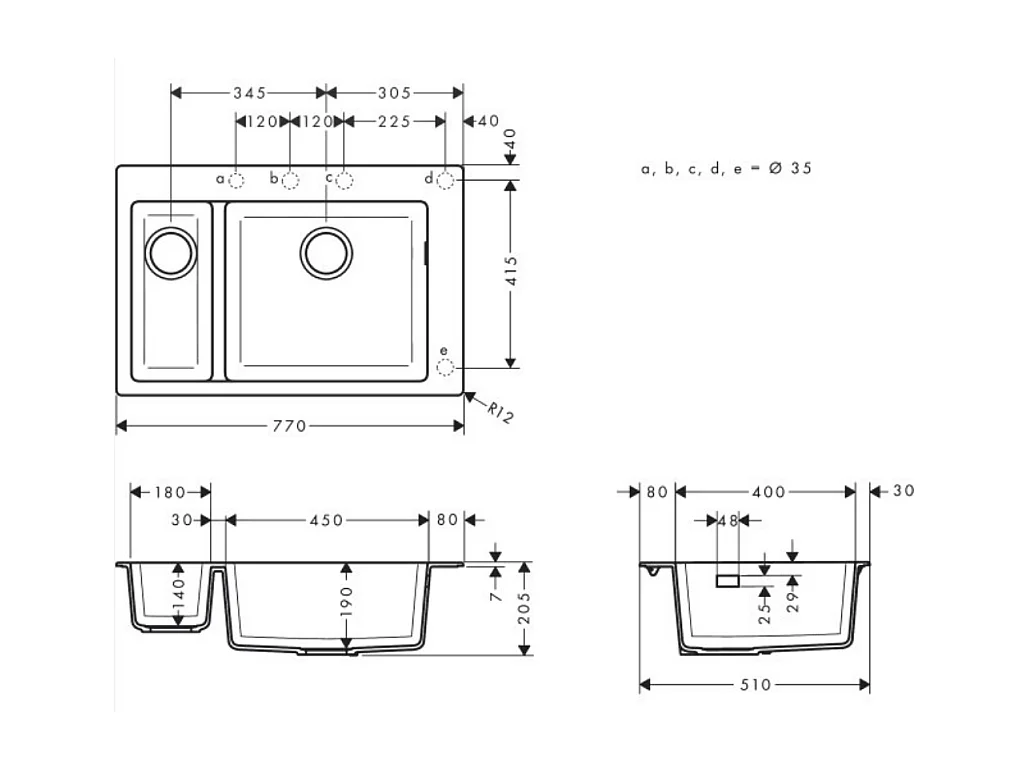 Evier à encastrer 1 bac et demi HANSGROHE S51 avec vidage manuel noir graphite