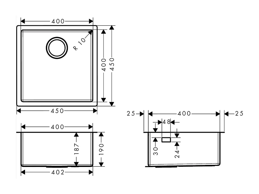 Evier à encastrer sous plan 1 bac HANSGROHE S71 400 avec vidage manuel inox