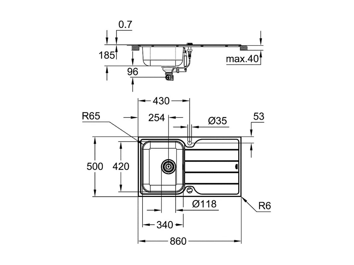 Fregadero GROHE 1 seno con escurridor reversible en acero inoxidable K500