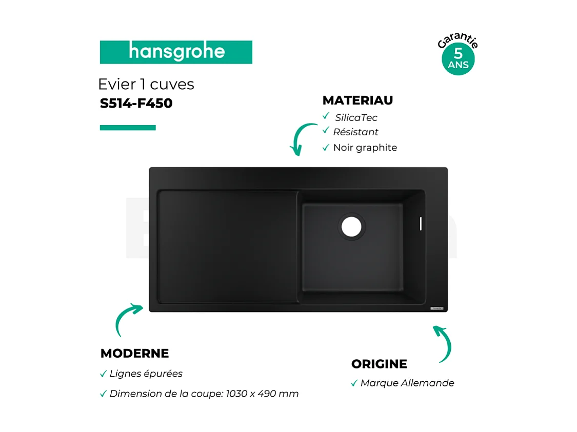 Evier à encastrer 1 bac HANSGROHE S51 450 égouttoir à gauche avec vidage manuel noir graphite