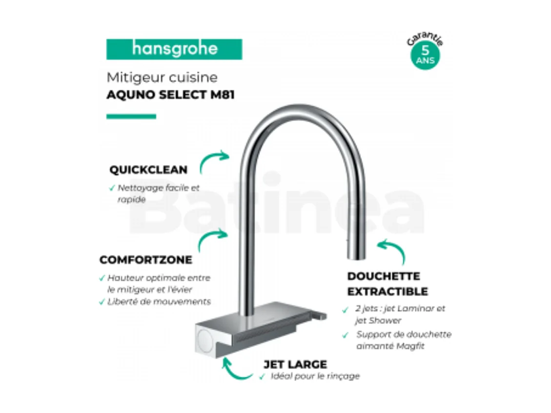 Evier à encastrer sous plan 1 bac HANSGROHE S719 inox avec vidage auto + robinet cuisine Aquno Select M81 170 aspect acier inox
