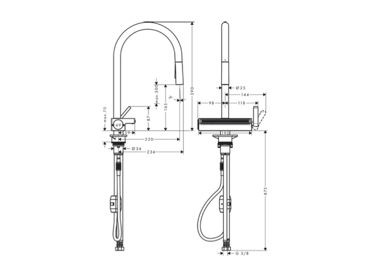 Evier à encastrer sous plan 1 bac HANSGROHE S719 inox avec vidage auto + robinet cuisine Aquno Select M81 170 aspect acier inox