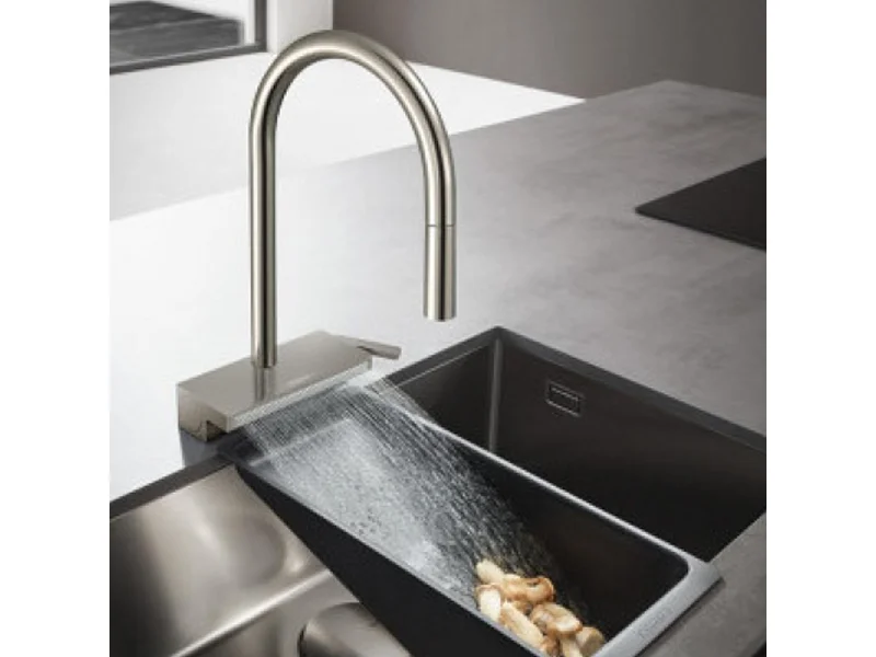 Evier à encastrer sous plan 1 bac HANSGROHE S719 inox avec vidage auto + robinet cuisine Aquno Select M81 170 aspect acier inox