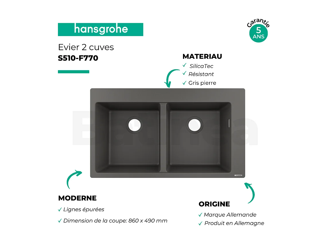 Evier à encastrer 2 bacs HANSGROHE S51 avec vidage auto gris pierre
