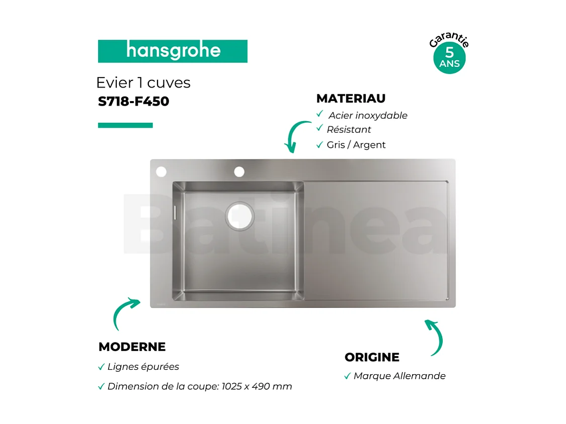 Evier à encastrer 1 bac pré-percé HANSGROHE S71 450 avec égouttoir à droite sans vidage inox