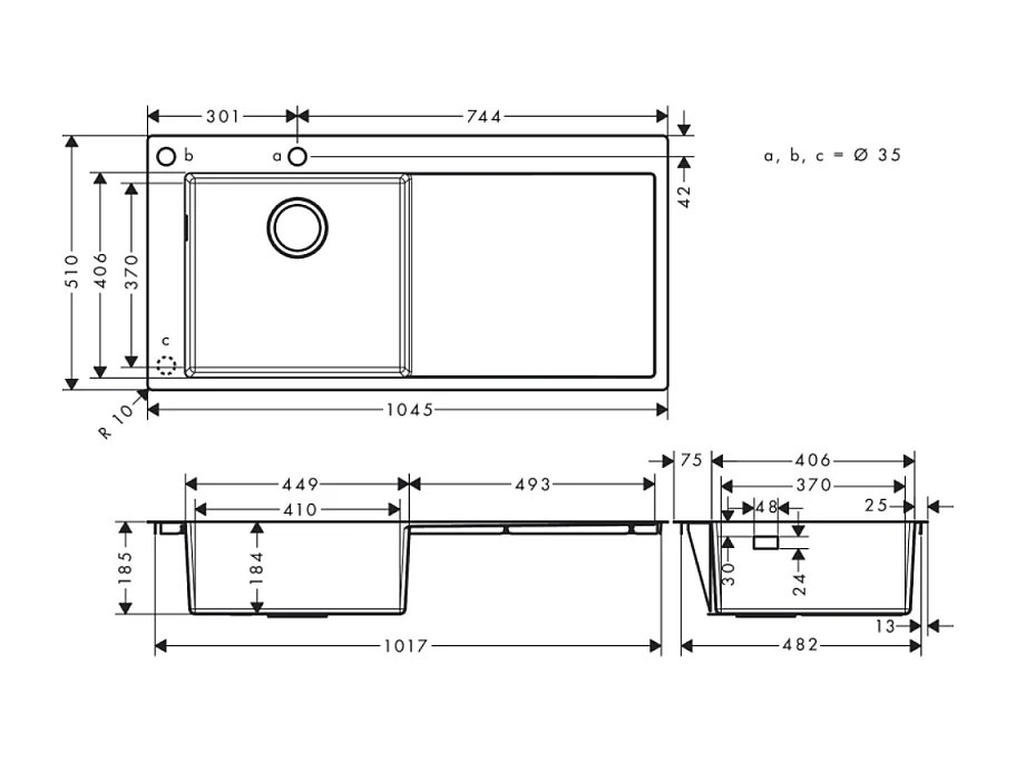 Evier à encastrer 1 bac pré-percé HANSGROHE S71 450 avec égouttoir à droite sans vidage inox