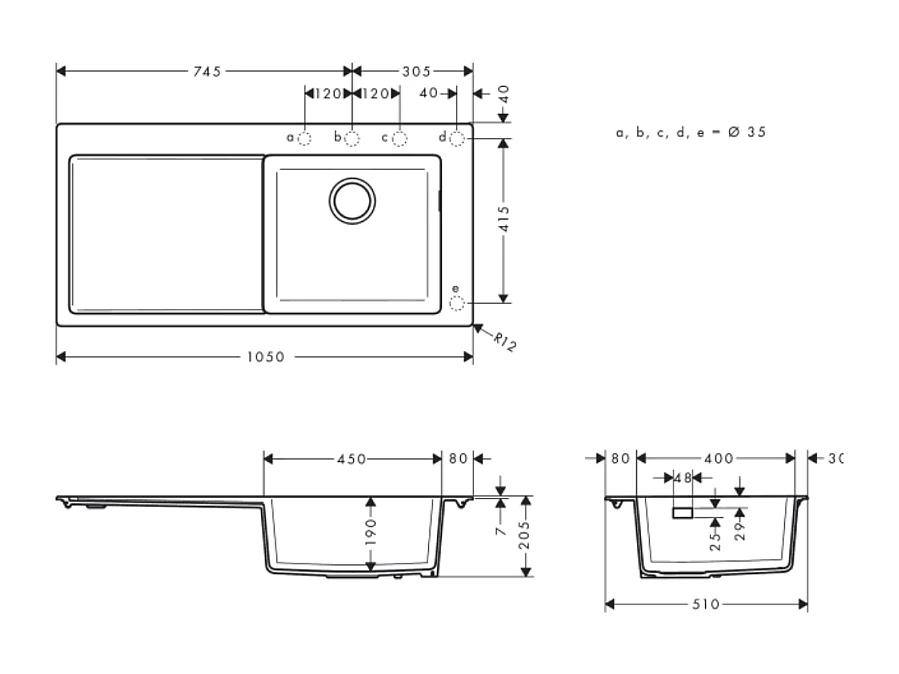 Evier à encastrer 1 bac HANSGROHE S51 450 égouttoir à gauche sans vidage noir graphite