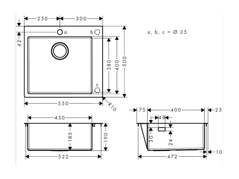 Evier à encastrer 1 bac HANSGROHE S71 450 sans vidage inox