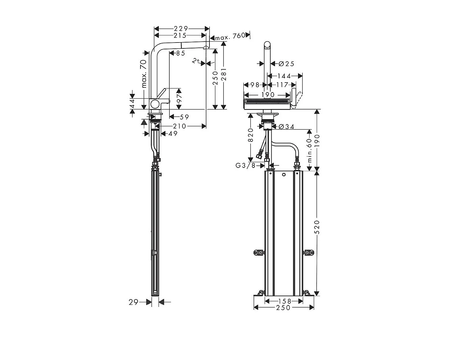 Evier à encastrer sous plan 1 bac HANSGROHE S719-U660 inox avec vidage auto + robinet cuisine Aquno Select M81 250 sBox chromé