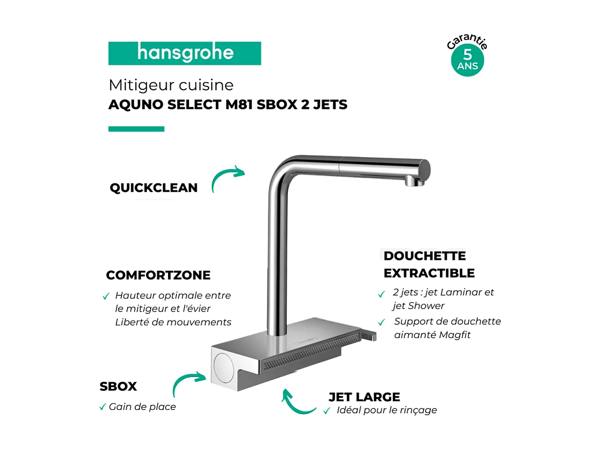 Evier à encastrer sous plan 1 bac HANSGROHE S719-U660 inox avec vidage auto + robinet cuisine Aquno Select M81 250 sBox chromé