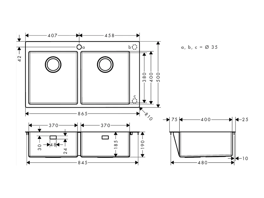 Evier à encastrer 2 bacs HANSGROHE S71 avec vidage manuel inox