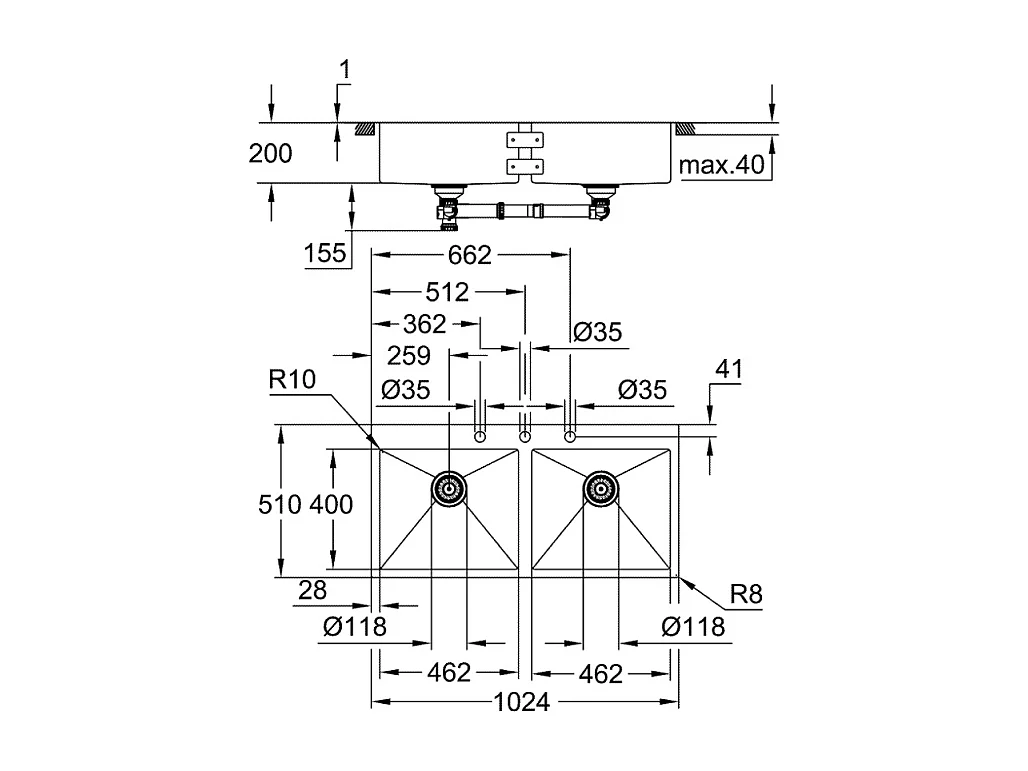 GROHE Evier 1 cuve et demie en acier inoxydable K800