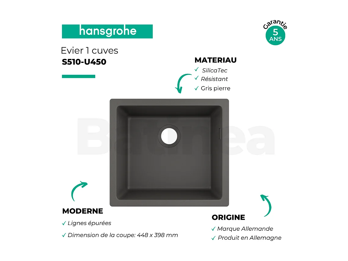 Evier à encastrer sous plan 1 bac HANSGROHE S51 450 avec vidage auto gris pierre