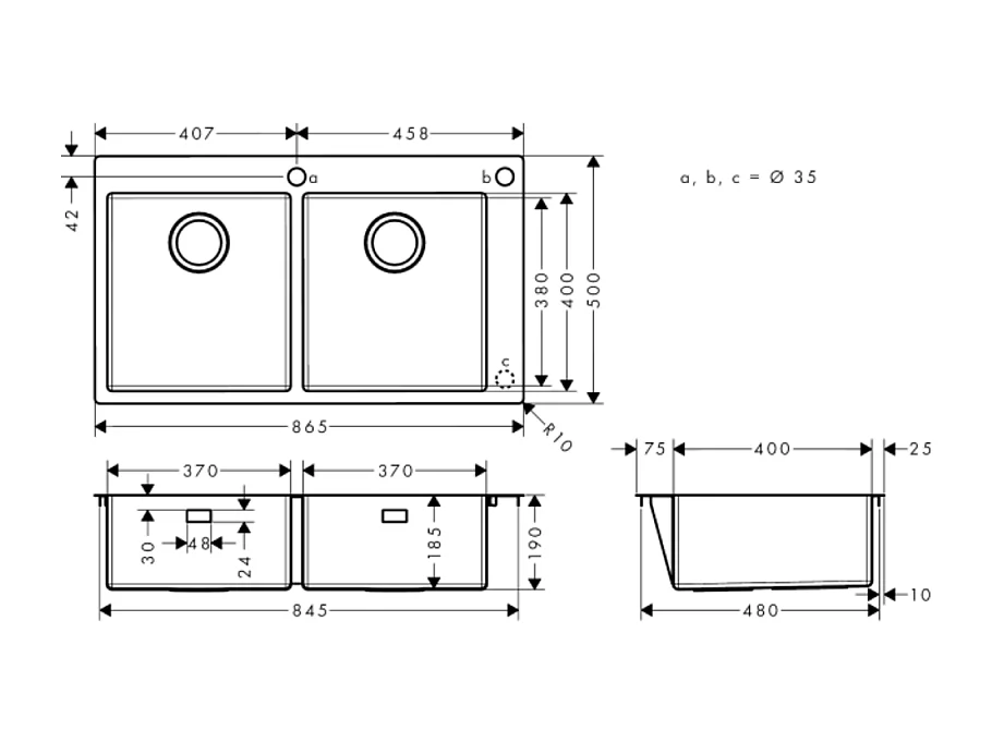 Evier à encastrer 2 bacs HANSGROHE S71 2 trous sans vidage inox