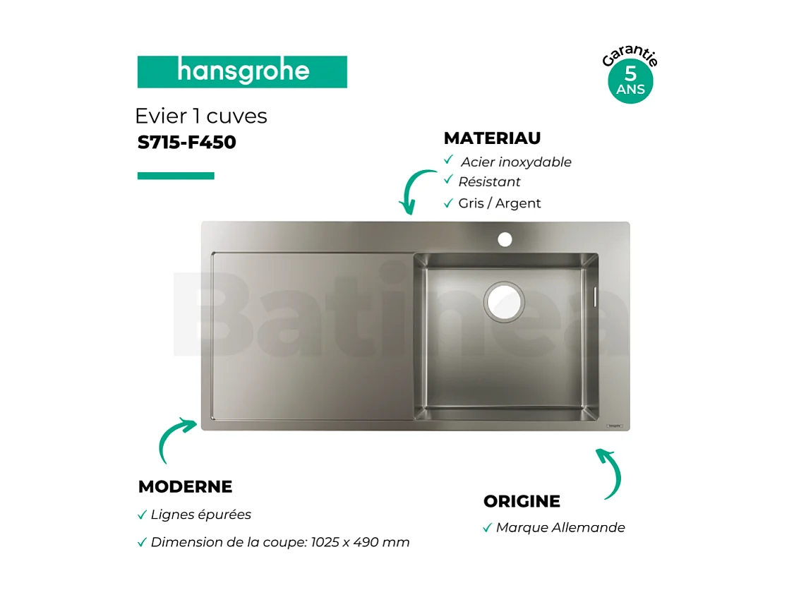 Evier à encastrer 1 bac HANSGROHE S71 450 avec égouttoir à gauche sans vidage inox