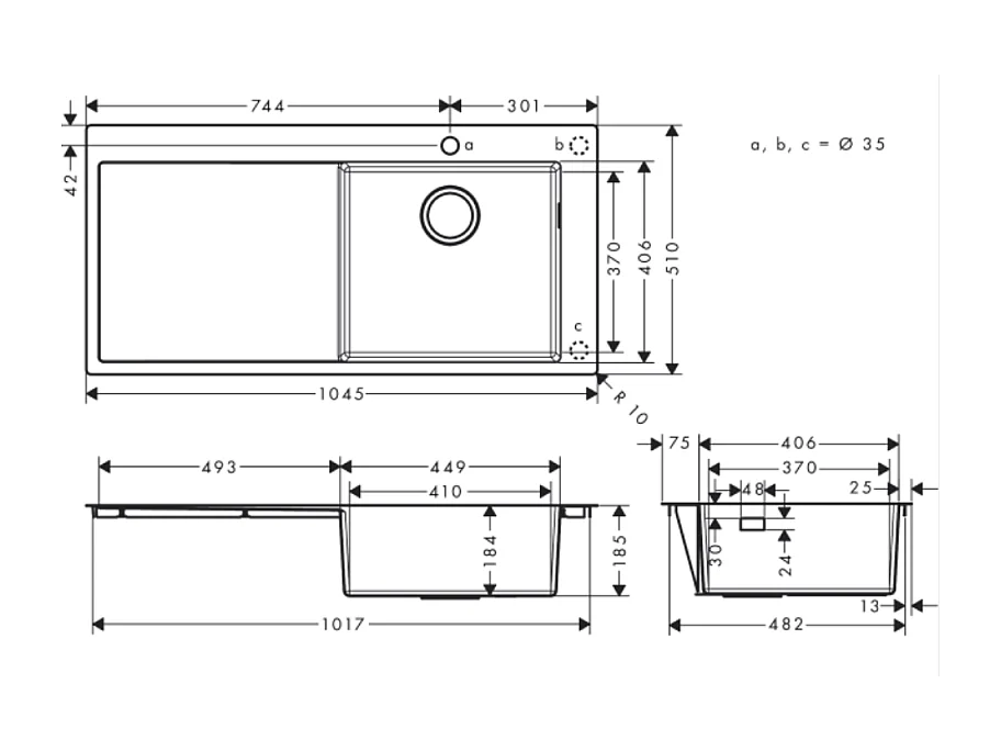 Evier à encastrer 1 bac HANSGROHE S71 450 avec égouttoir à gauche sans vidage inox