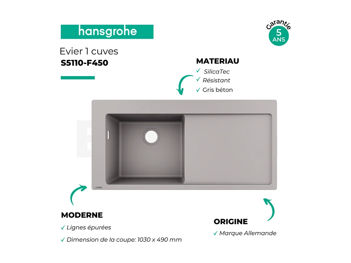 Evier à encastrer 1 bac HANSGROHE S51 450 égouttoir à droite sans vidage gris béton
