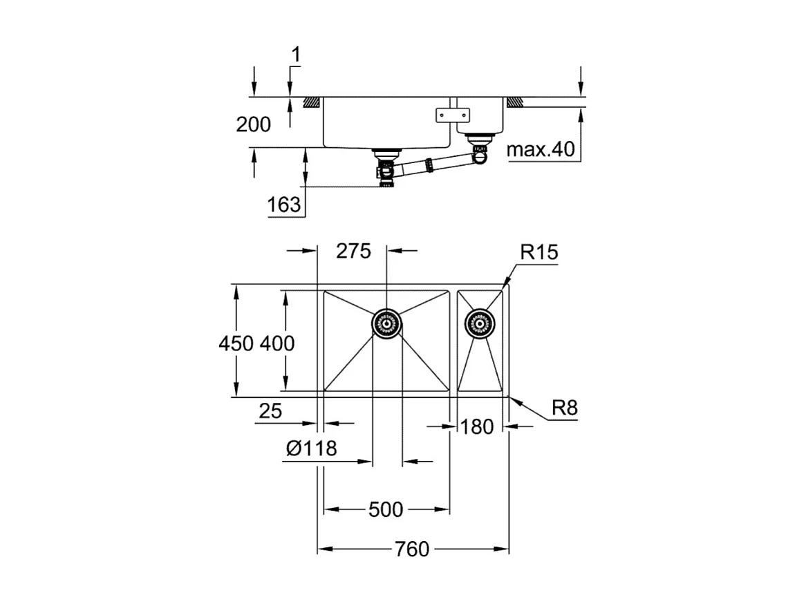 Evier à encastrer 1 bac et demi GROHE K700U acier inoxydable 76 x 45 cm